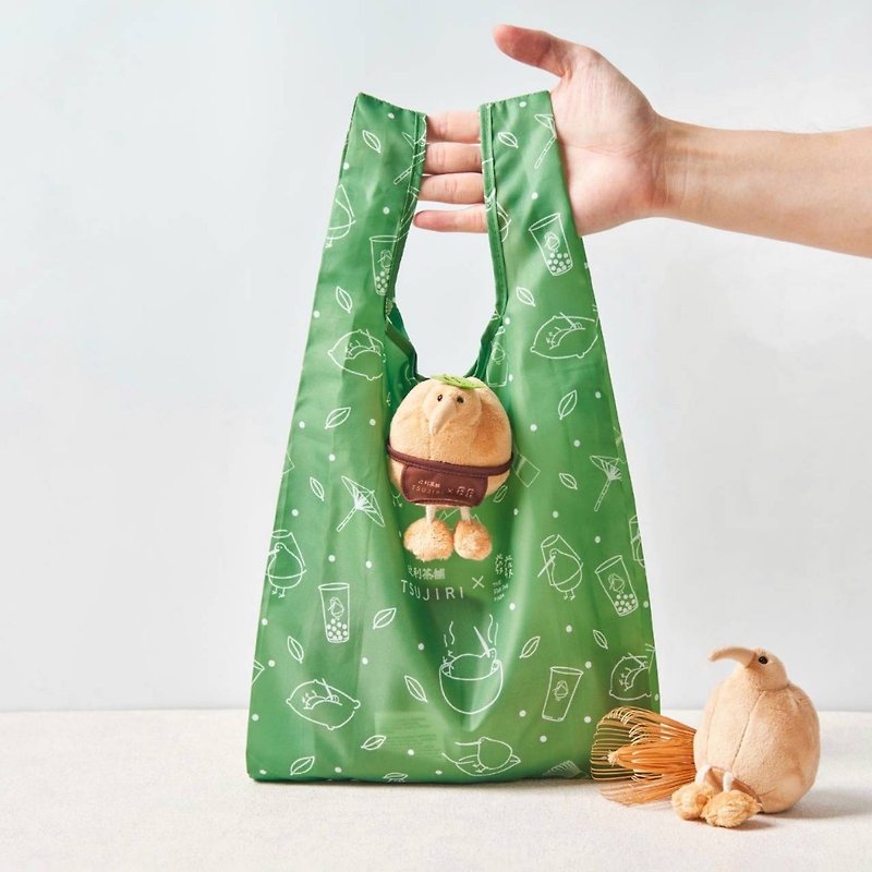 B01 Fafa x Tsujiri Tea Shop co-branded kiwi bird doll environmentally friendly shopping bag - กระเป๋าถือ - วัสดุอื่นๆ สีนำ้ตาล