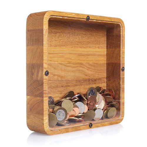 WOODPRESENTS Adult piggy bank square - Wedding money box - Coin bank for girl & boy
