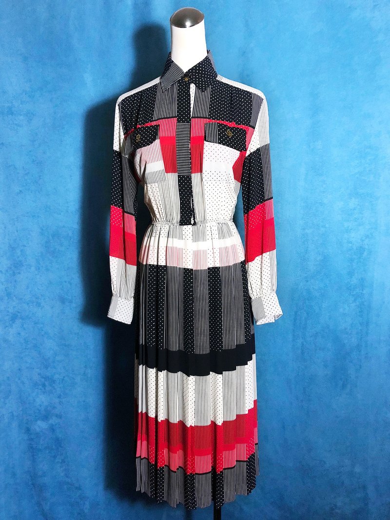 French dot stripe long sleeve vintage dress / abroad brought back VINTAGE - ชุดเดรส - เส้นใยสังเคราะห์ หลากหลายสี