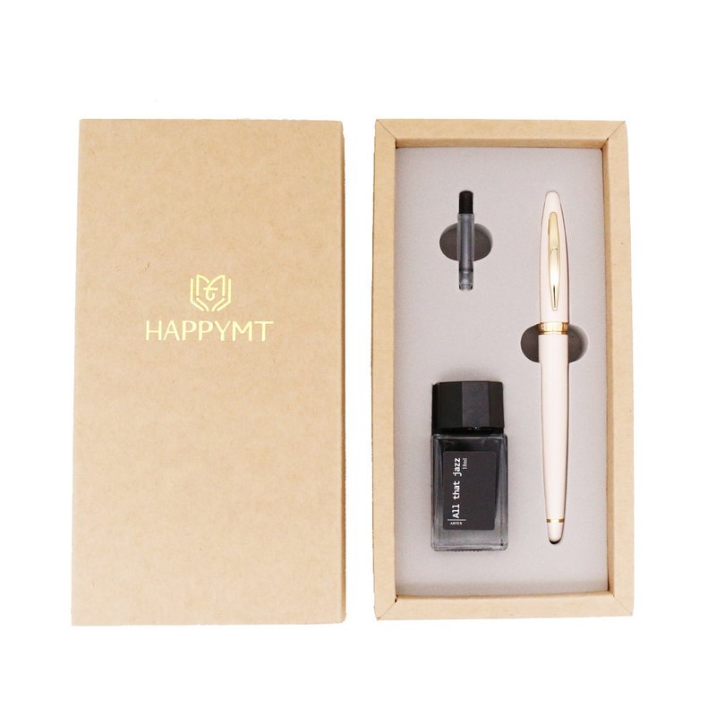 【客製化禮物】HAPPYMT開心鋼筆墨水禮盒 珠光米金夾 - 鋼筆 - 銅/黃銅 白色
