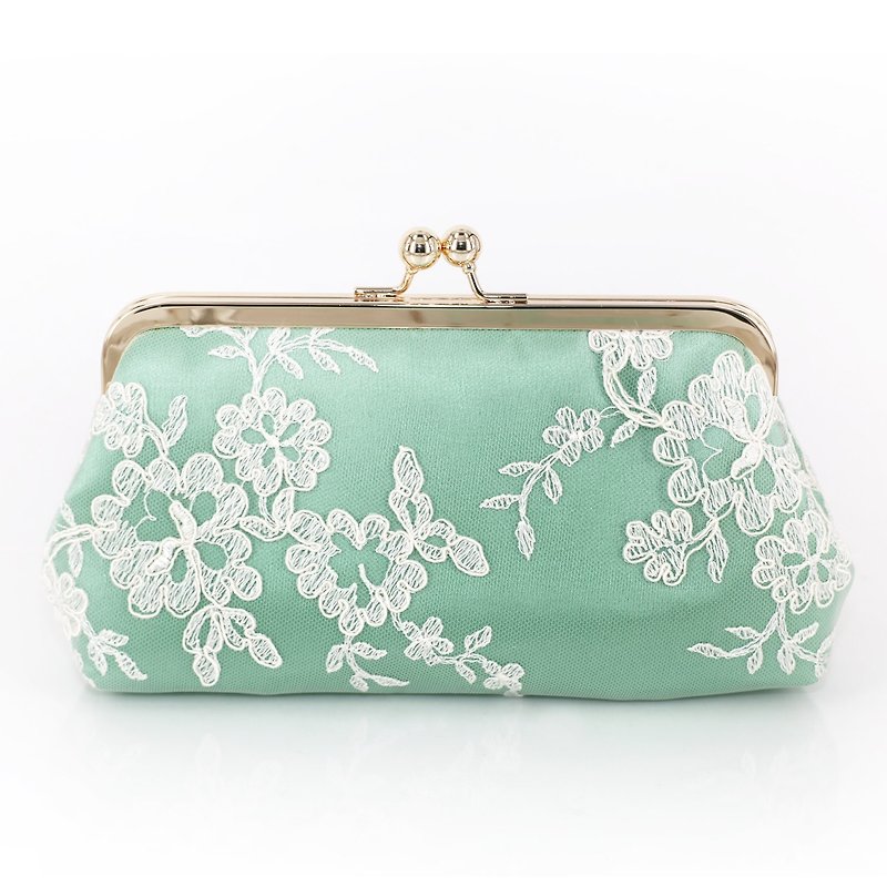 Mint Green Floral Alencon Lace Bridal Bridesmaids Clutch 8-inches - Other - Other Materials Green