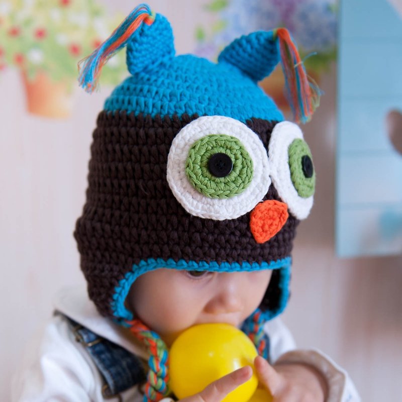 Cutie Bella Hand Knitted Hat Owl-Aqua/Brown - หมวกเด็ก - ผ้าฝ้าย/ผ้าลินิน สีน้ำเงิน