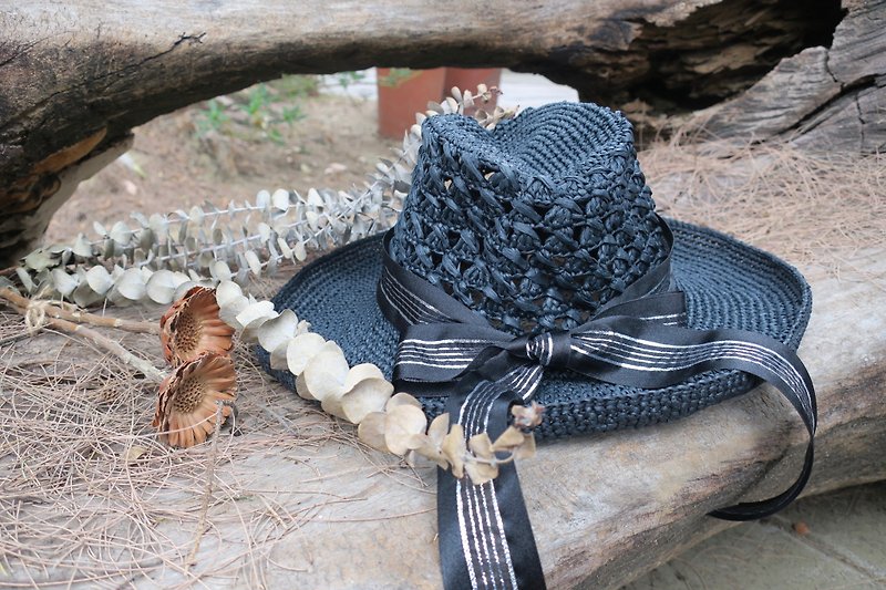 Mother's Handmade Hat-French Fedora Round Hat/Elegant Black/Foldable/Straw Hat/Gift - หมวก - กระดาษ สีดำ