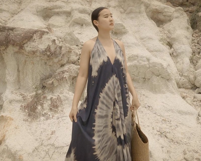 タイダイマキシドレス、スパゲッティストラップドレス、女性用パーティードレス、自由奔放に生きるドレス、sl - ワンピース - コットン・麻 ブルー