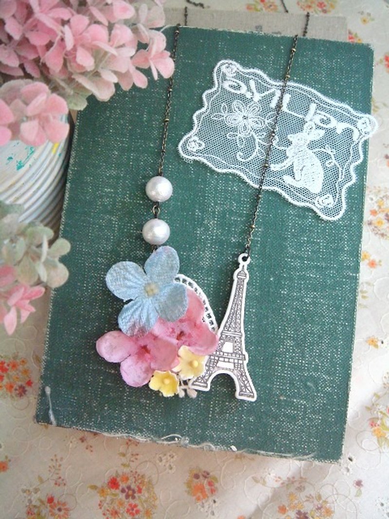 Garohands Oil Painting Cloth Hydrangea Cotton Pearl Feel Long Chain*Tower Model A473 Gift - Necklaces - Other Materials 