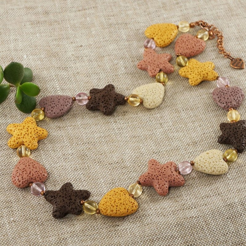 Orange Brown Yellow Beige Pink Lava Stone Star Heart Cookies Necklace Jewelry - Necklaces - Other Materials Orange