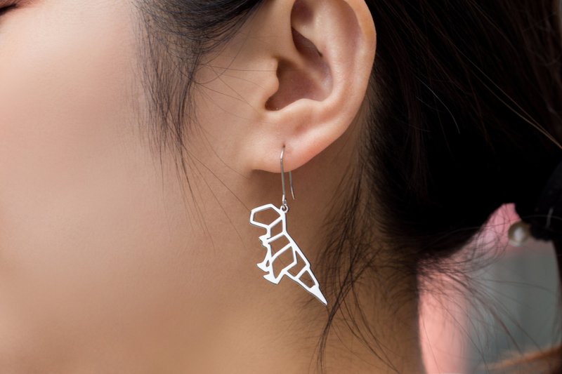 Allergy free- origami dinosaur T-Rex earring - ต่างหู - สแตนเลส สีเงิน