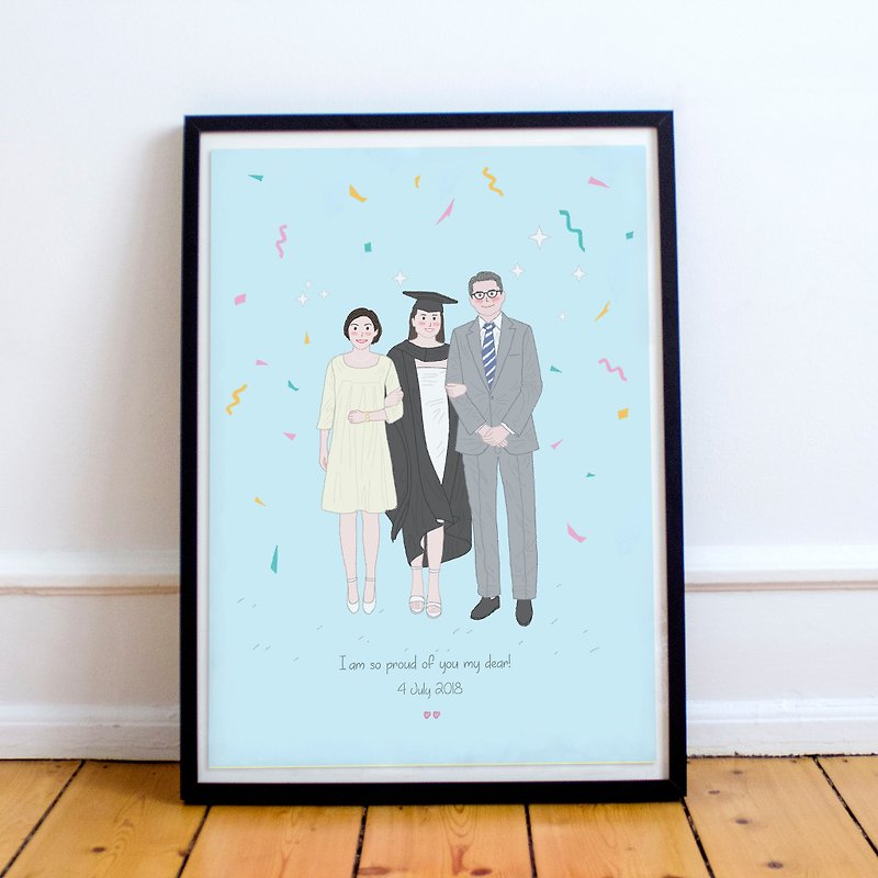 Custom illustraton of Family and Pets - Posters - Paper Pink