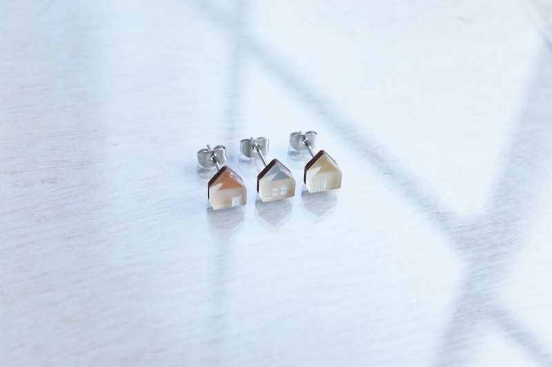 Small house earrings three-piece set / pinkgold-gray-gold - Earrings & Clip-ons - Wood Multicolor