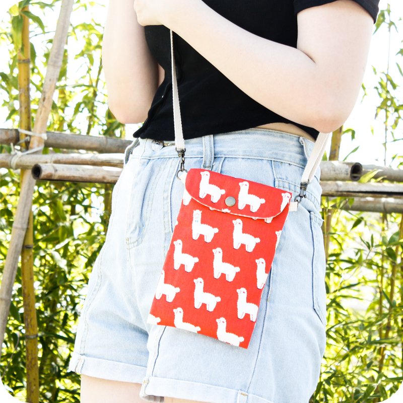 [Medium-thick cotton imported from Japan] Alpaca Papazao# mobile phone bag - กระเป๋าแมสเซนเจอร์ - ผ้าฝ้าย/ผ้าลินิน สีแดง