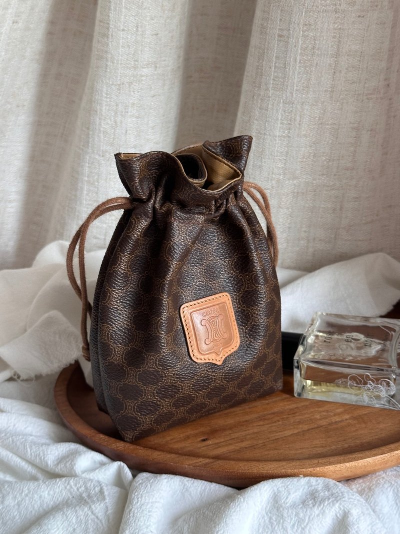 中古包Vintage Celine 棕花抽繩小福袋(附鏈條改造成斜背包) - 側背包/斜背包 - 防水材質 