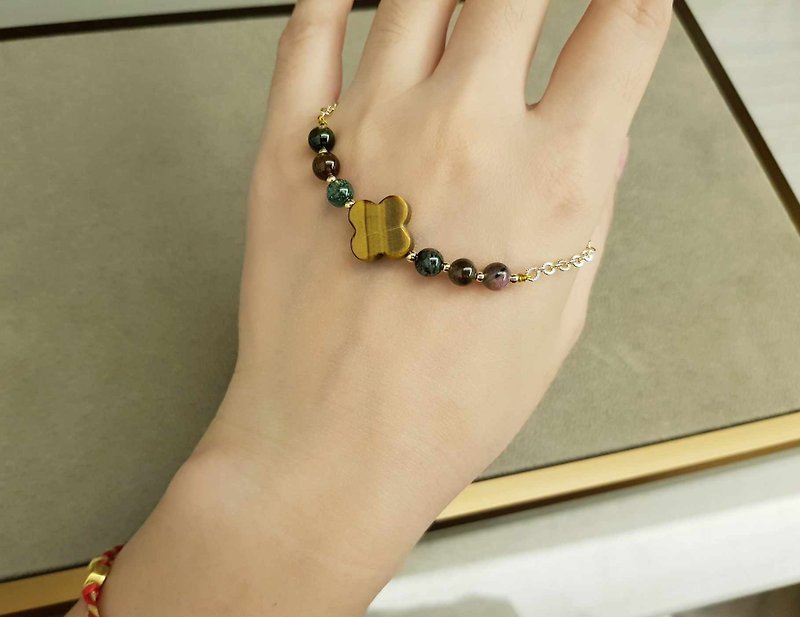 Wooden tone colorful bracelet Stone clover tourmaline 24k 14k gold American 14kgf gold injection - Bracelets - Crystal 