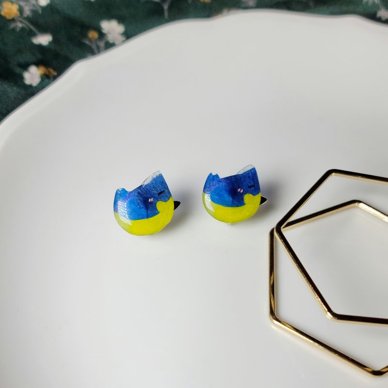 黃山雀 台灣特有種 可愛表情 手繪熱縮片 耳環 - 耳環/耳夾/耳骨夾 - 不鏽鋼 藍色