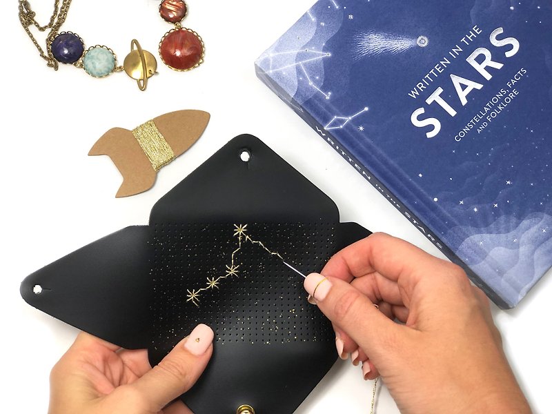 Stitch Your Star Sign Envelope Pouch - Coin Purses - Faux Leather Black
