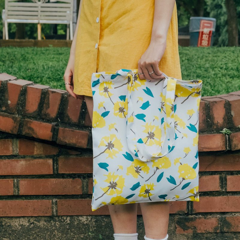 【錦源興】黄花トートバッグ l ショッピングバッグ キャンバスバッグ 大容量 A4 プリント - ショルダーバッグ - その他の化学繊維 ホワイト