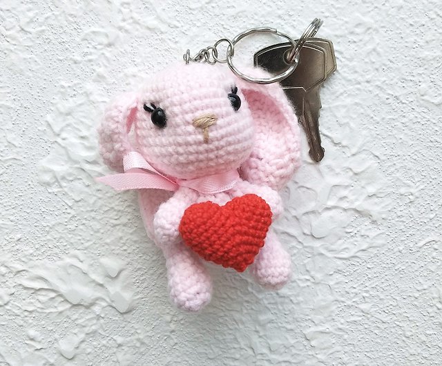 Keychain Knitted Stereo Creative Cute Animal Shape Phone Bag Car Rabbit  Keychain Valentine's Day Use,Pink 