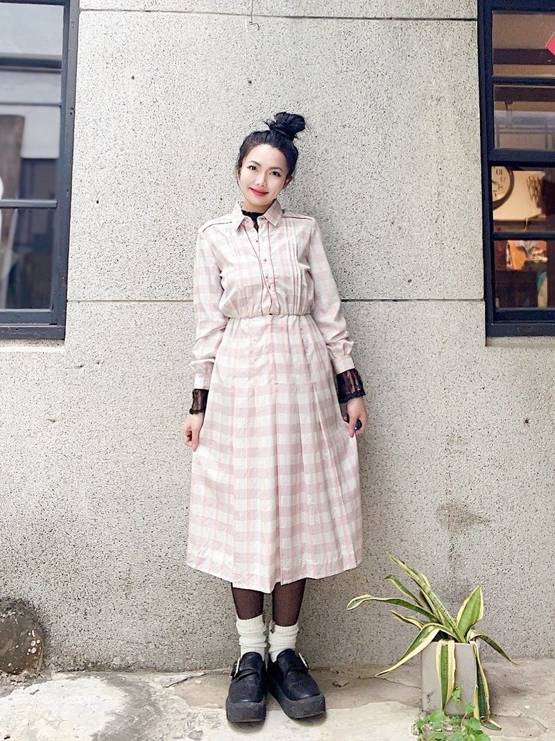 淺淺粉浪漫格紋半立體星光碎點 長裙洋裝連身裙古著ドレスDress - 洋裝/連身裙 - 聚酯纖維 多色