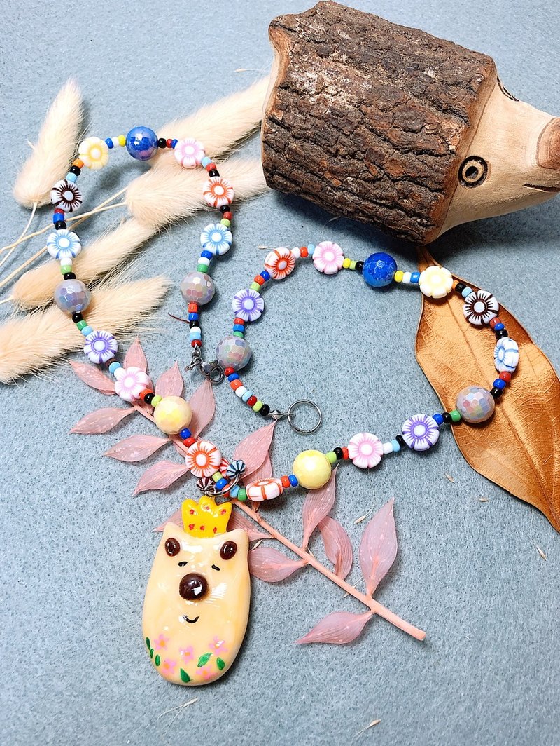 王冠小熊 手作黏土項鍊 陶土 手繪捏製 鋼絲線不銹鋼釦 串珠 - 項鍊 - 黏土 黃色