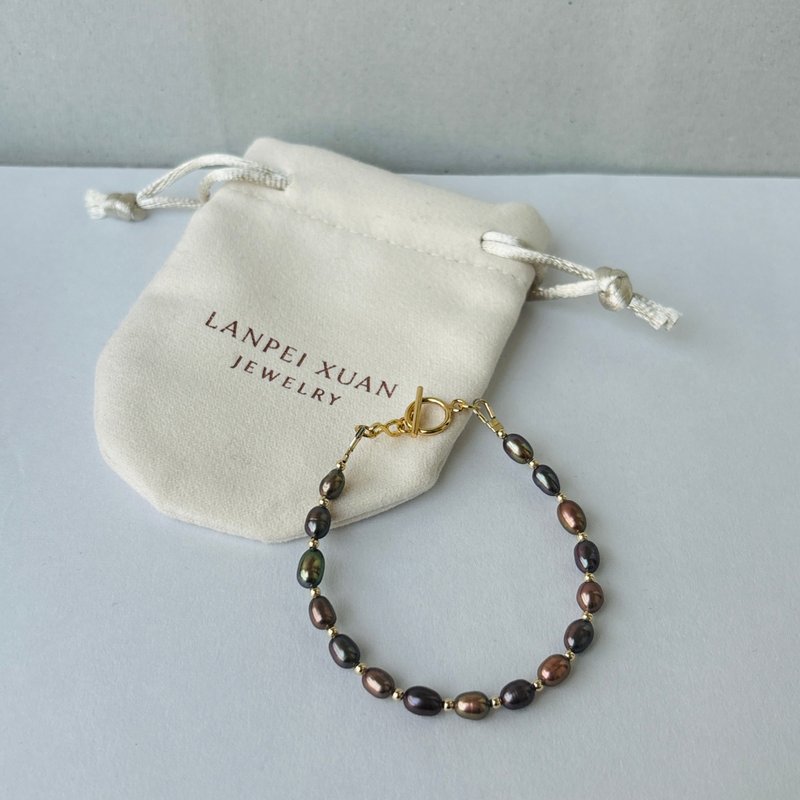 天然淡水黑珍珠 × 14KGF 小金豆手鍊 行星環扣 - 手鍊/手環 - 珍珠 