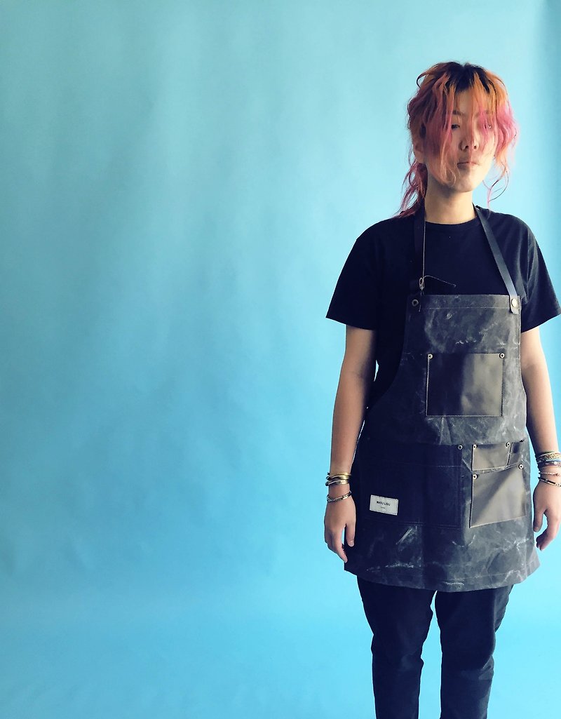 Industrial style overalls bib pocket apron (washed black thick cotton canvas) - ผ้ากันเปื้อน - ผ้าฝ้าย/ผ้าลินิน สีดำ