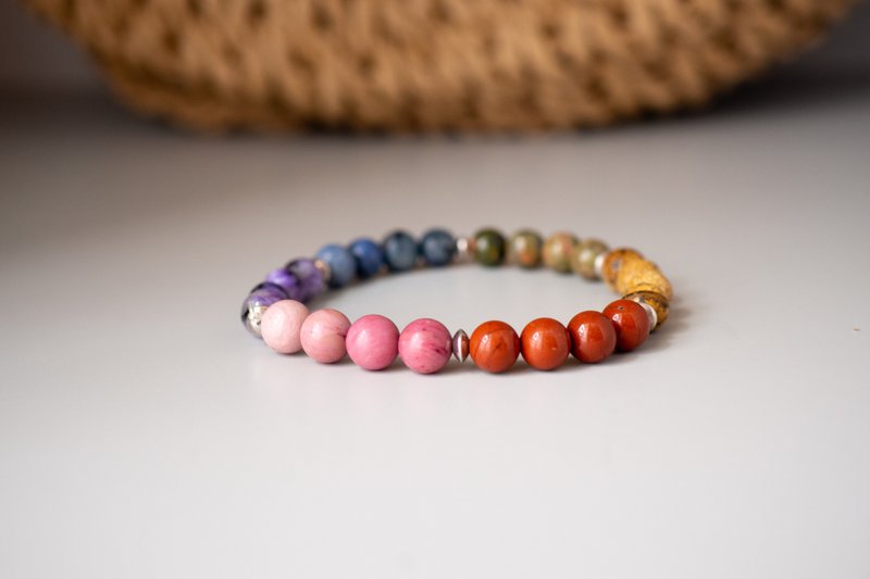 Pride Bracelet, 925 Silver, charoite, jasper, rhodonite, unakite, dumortierite - สร้อยข้อมือ - เครื่องเพชรพลอย หลากหลายสี