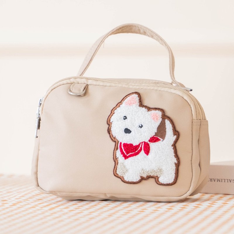 Lightweight Highland White Terrier Towel Embroidered Double Layer Handbag/Crossbody Bag [33000202] - กระเป๋าแมสเซนเจอร์ - วัสดุกันนำ้ สีกากี