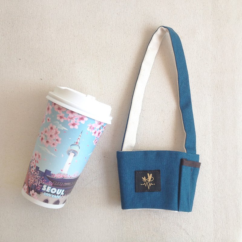 不怕吸管掉下來  咖啡飲料提袋 /BLUE 藍 - 杯袋/飲料提袋 - 棉．麻 藍色