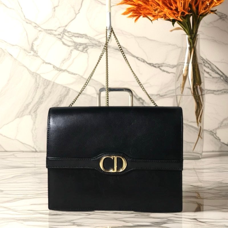 中古二手包 Dior 黑金色翻蓋包 單肩包 側背包 斜背包 古董包手袋 - 側背包/斜背包 - 真皮 黑色