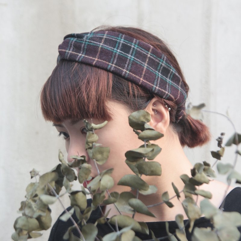 Vintage British dark wine red slightly stiff scarf cloth handmade cross headband - Headbands - Polyester Brown