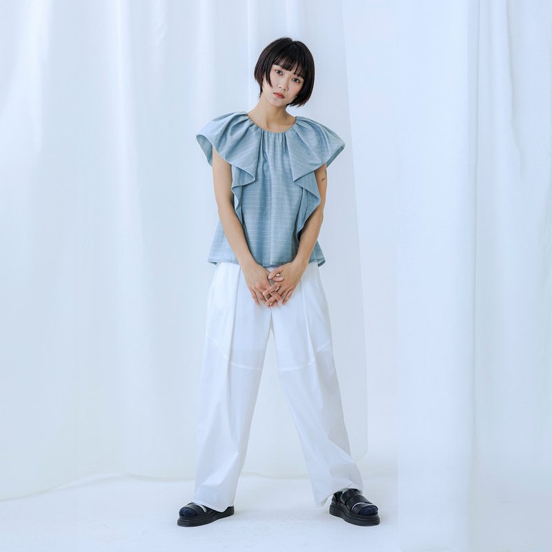 半圓剪接打褶褲 - 女長褲 - 棉．麻 白色