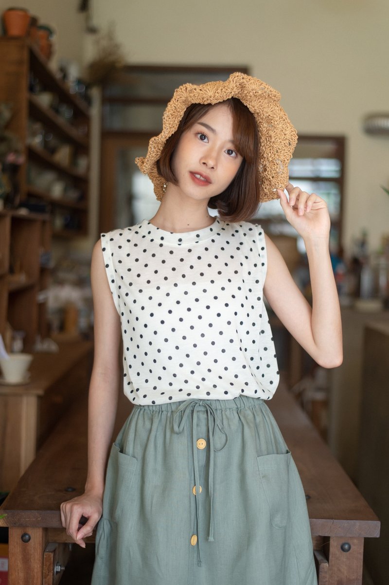 Basic Tank top - Polka dot - 女 T 恤 - 棉．麻 白色