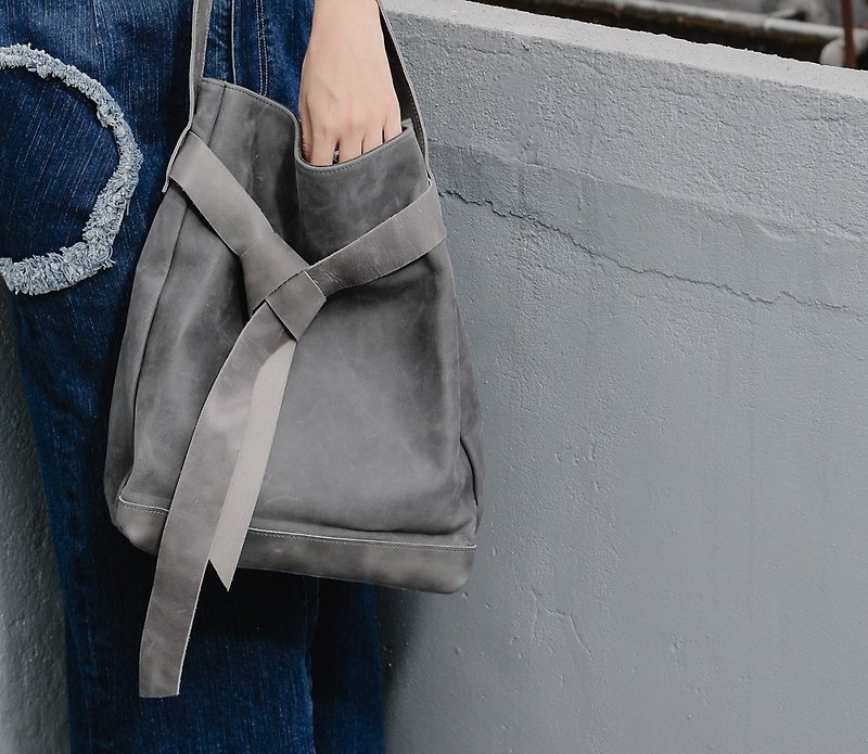 Broadband Tie Tote Shoulder Bag Grey Green - Messenger Bags & Sling Bags - Genuine Leather Gray