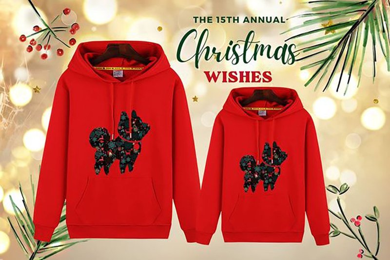 Shiba Inu University Christmas Jingle Chai long-sleeved hooded T-shirt long-sleeved top hooded top parent-child couple - Unisex Hoodies & T-Shirts - Cotton & Hemp Red