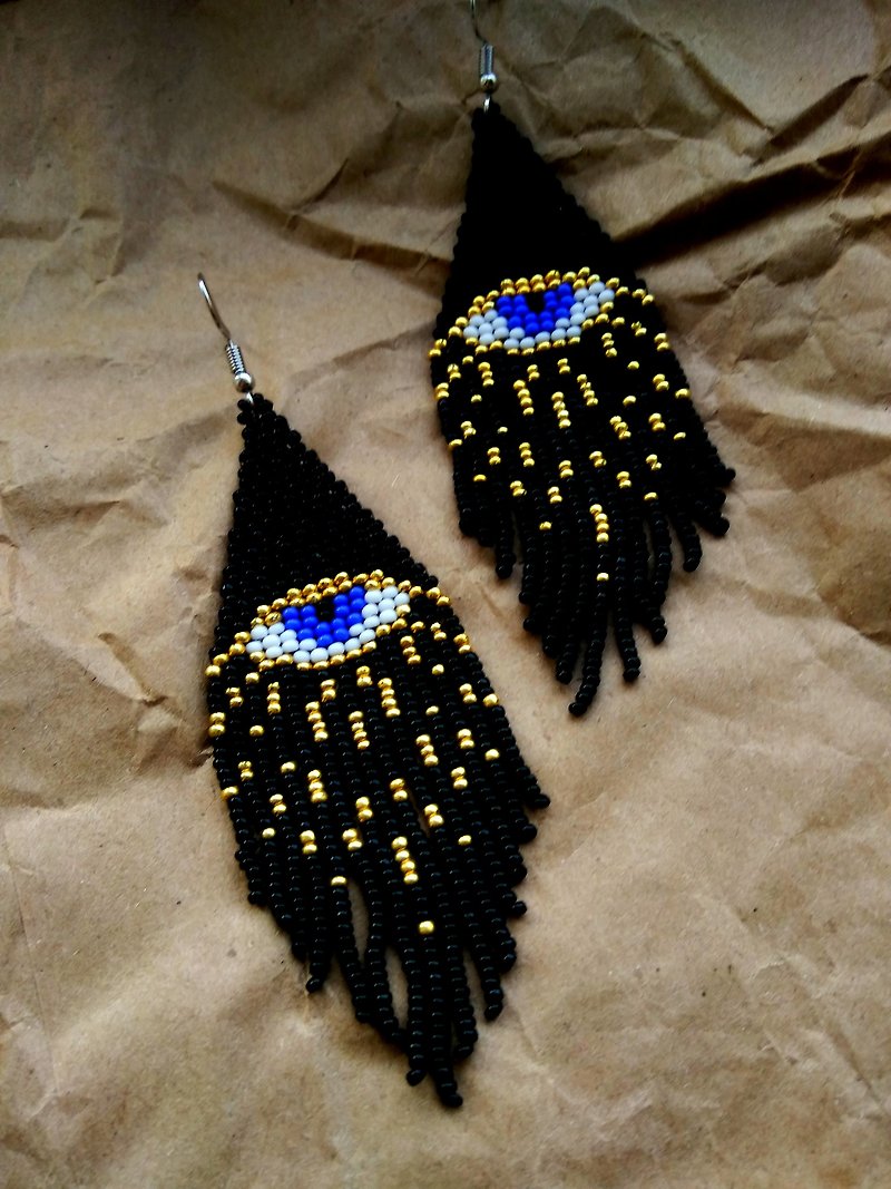 Evil eye earrings Black eye earrings Beaded seeds earrings Fringed boho Drop ear - Earrings & Clip-ons - Glass Black