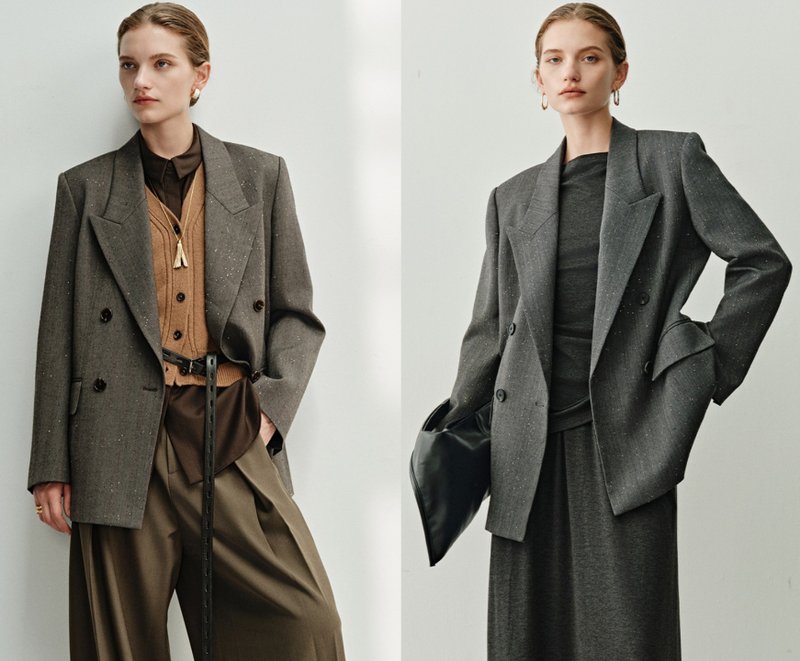 【BC亮片西服】法式簡約 精紡羊毛/亞麻寬松正肩西服 - 女西裝外套 - 羊毛 灰色