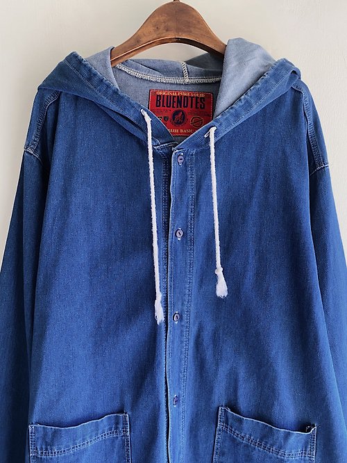 Navy blue drawstring plain hooded denim vintage lapel cotton denim jacket  vintage coat - Shop river3water Women's Casual & Functional Jackets - Pinkoi