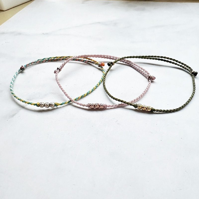 [Hand-woven Wax rope] Three-color engraved beads | Sterling silver x K gold Wax rope lucky bracelet | Dadannanzai - Bracelets - Sterling Silver Gold