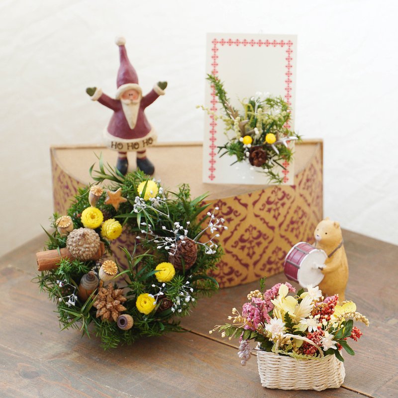 [Christmas gift set] Eternal life mini bouquet card + Eternal life small wreath + Eternal life mini flower basket - ช่อดอกไม้แห้ง - พืช/ดอกไม้ 