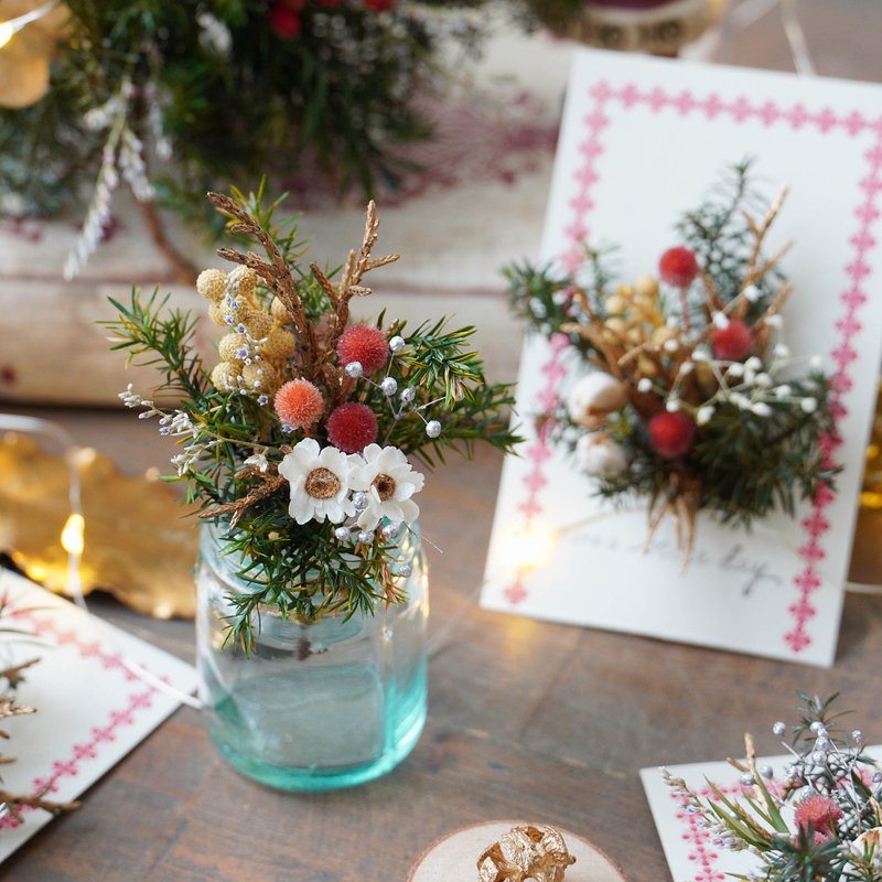 【聖誕小物組合配】 永生迷你花束卡片+永生小花圈 - 乾燥花/永生花 - 植物．花 