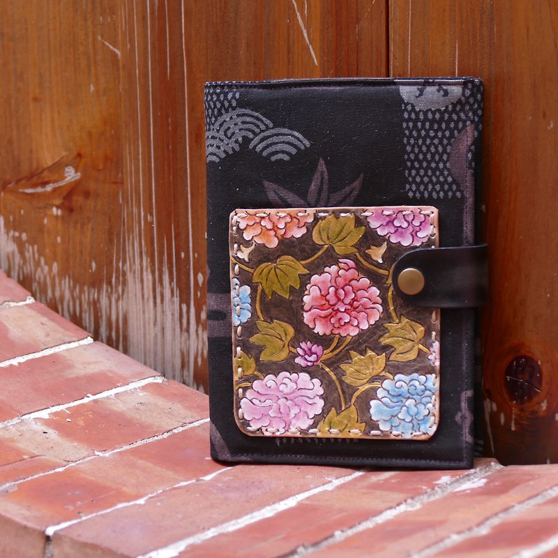 Leather ancient cloth notebook hand account book book jacket-peony (black) - Notebooks & Journals - Genuine Leather Black