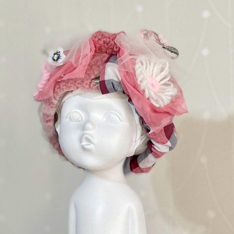 Elastic headband/embroidered lace wide-brimmed braided headband Japanese wide elastic headscarf neck scarf hair accessories headdress - Headbands - Other Materials Pink