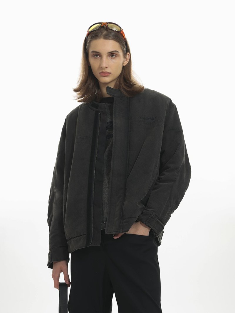 Unvesno (UN) 短版廓形水洗做舊弧形袖棉服外套  CT-2190 - 男夾克/外套 - 棉．麻 黑色