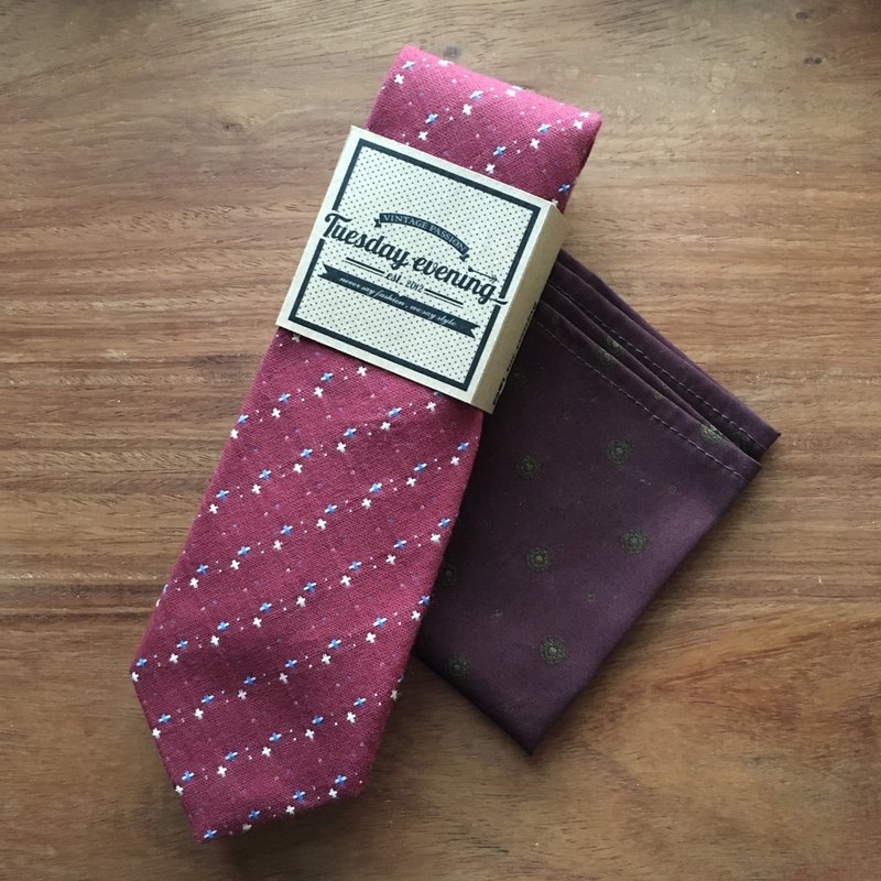Neck tie Red Dot Stitched Tie Set w/ Pocket Square - Ties & Tie Clips - Cotton & Hemp Red