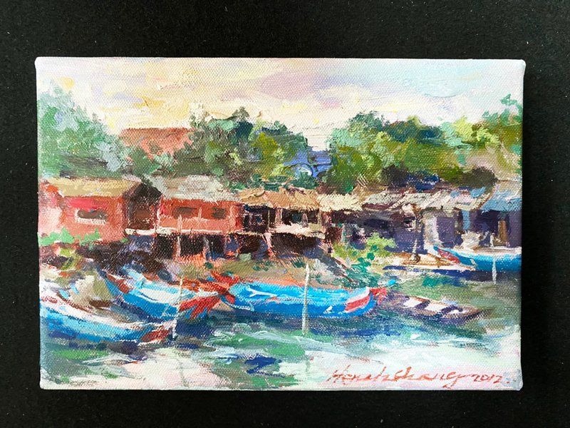 Landscape Oil Painting-Guandu Water Home - โปสเตอร์ - ผ้าฝ้าย/ผ้าลินิน สีน้ำเงิน