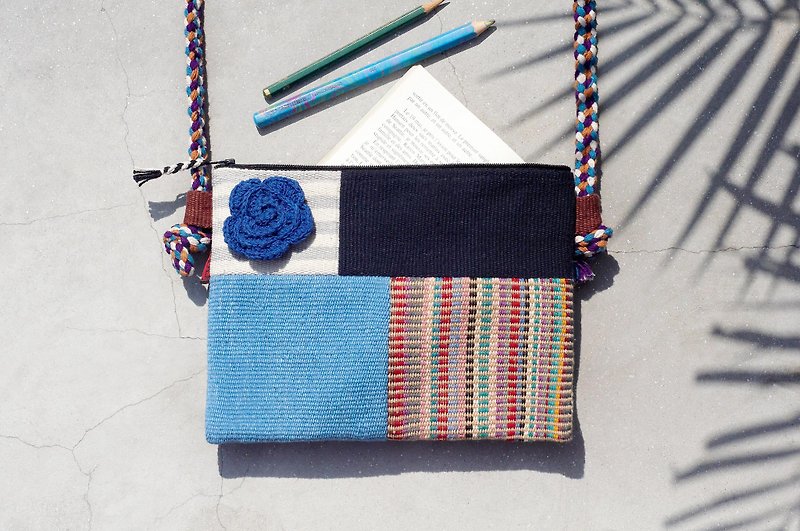 Limited one piece of natural hand-woven fabric stitching cross-body bag / backpack / shoulder bag / small bag / travel bag-blue sky geometric patchwork design - กระเป๋าแมสเซนเจอร์ - ผ้าฝ้าย/ผ้าลินิน หลากหลายสี
