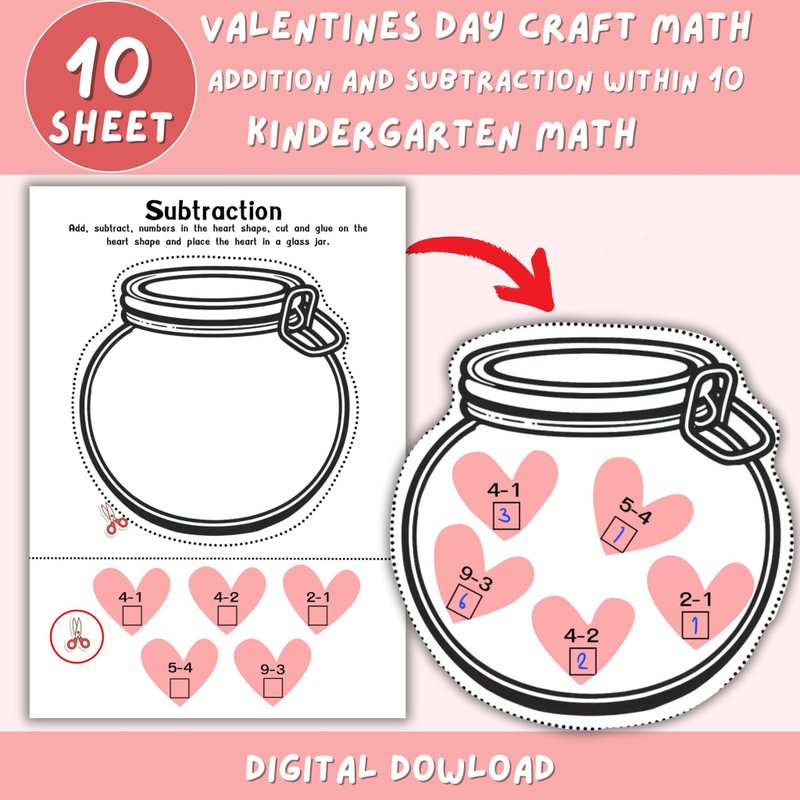 Valentine's Day Math Crafts Addition and Subtraction Within 10 Worksheets - 其他數位設計 - 其他材質 