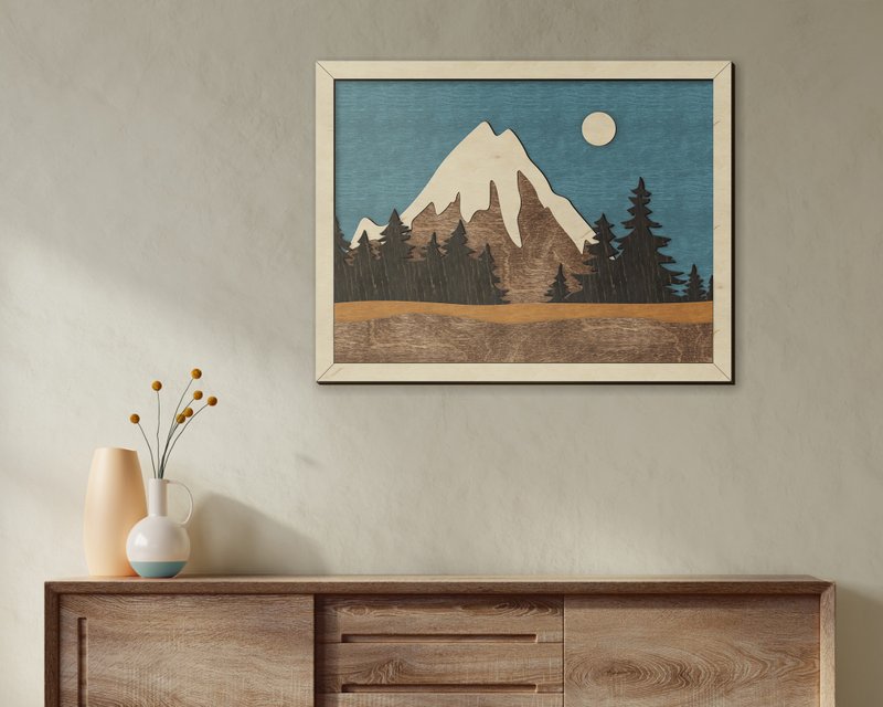 Laser engraved picture of a mountain Multi layer 3d wall decor Sunrise wall art - Wall Décor - Wood Multicolor