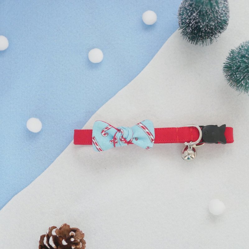 Candy Bow X'mas series Breakaway Cat collar | Blue Candy Cane - Collars & Leashes - Cotton & Hemp 