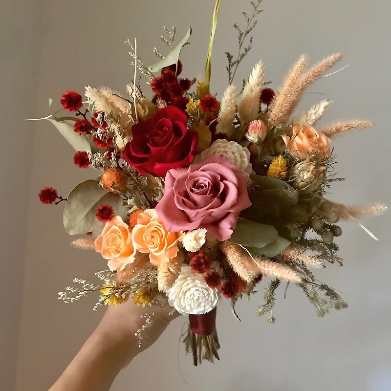 Late autumn _ dry flower bouquet _ mixed with no flowers (with groom boutonniere) - ช่อดอกไม้แห้ง - พืช/ดอกไม้ สีส้ม