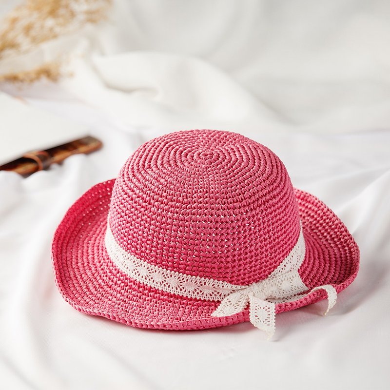 Bodhiyamas- Handwoven Pink Lace Round Hat for Kids - The Vigor Mesh Ribbon - หมวก - วัสดุอื่นๆ สึชมพู